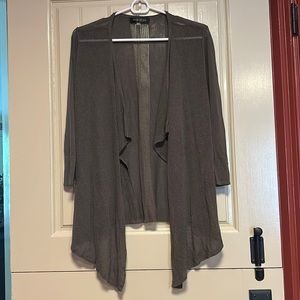 August Silk. Medium. Olive green three-quarter length sleeve open sweater.